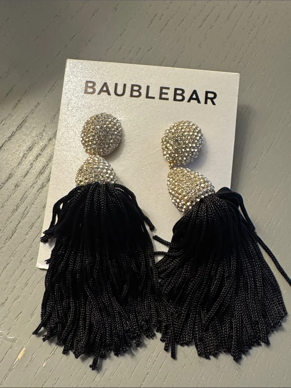 BaubleBar Black Tassel Earrings with Gold Crystal Tops